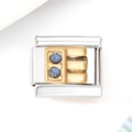 Close-up of Italian charm link in stainless steel with gold block and blue zircon inlay - Blue Zircon Letter E (3468)