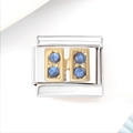 Detailed macro view of silver stainless steel charm links with four blue zircon stones - Blue Zircon Letter H (3471)