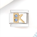 Italian charm bracelet module in stainless steel with golden letter K and blue zircon - Blue Zircon Letter K (3474)