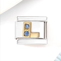 Italian charm link with gold letter L and blue zircons on stainless steel bracelet - Blue Zircon Letter L (3475)