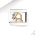 Macro detail of Italian style stainless steel link with gold letter Q and blue crystals - Blue Zircon Letter Q (3480)