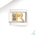 Macro view of stainless steel charm link with gold letter R and blue cubic zirconia stones - Blue Zircon Letter R (3481)