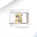 Detail of modular stainless steel link charm with gold S letter and blue zircon stones - Blue Zircon Letter S (3482)