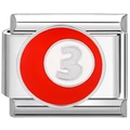 Détail macro du maillon de bracelet italien avec numéro 3 et motif boule de billard rouge - US 3