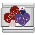 Detail of Italian charm links with purple and red hearts engraved with Kisses and Hugs - Kisses/Hugs (3547)