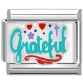 Italian style stainless steel link bracelet featuring colorful Grateful script and charms - Grateful (3548)
