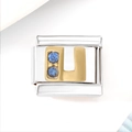 Italian charm bracelet link with gold U letter and two blue crystals in stainless steel - Blue Zircon Letter U (3484)