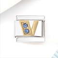 Detail of stainless steel Italian charm link with golden letter V and blue crystals - Blue Zircon Letter V (3485)