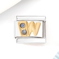 Macro detail of Italian style charm link with gold letter W and blue zircon inlay - Blue Zircon Letter W (3486)