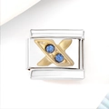 Macro detail of Italian style modular charm with gold letter X and blue gemstones - Blue Zircon Letter X (3487)