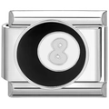 Détail d'un maillon de charme italien avec une boule de billard numéro 8 sur acier inox - Numéro 8