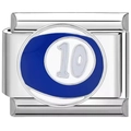 Détail d'un charm italien en acier inoxydable avec motif de boule de billard bleue numéro 10 - US 10