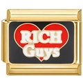 Italian charm link in 18K gold finish with black enamel and RICH Guys heart design - Gold RICH GUYS Text