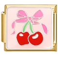 Détail du charm italien avec nœud en émail rose et cerises rouges en or 18K - Cerise à Feuilles Roses en Or