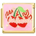 Détail du lien de breloque italienne avec cerises rouges et émail rose en cadre doré - Cerise à Feuilles Vertes en Or