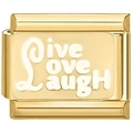 Détail d'un maillon en acier doré avec texte gravé Live Love Laugh pour bracelet - Texte LIVE LOVE LAUGH en Or