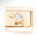 Italienisches Charm-Glied in Gold mit Herz-Edelstein und filigranen Engelsflügeln - Gold Herz mit Engelsflügeln