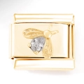 Makroaufnahme von italienischem Charm-Glied in Gold mit 3D-Biene und Zirkonia-Besatz - Goldener Bienen Charm mit Zirkonia