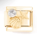 Italienisches Charm-Glied mit Zirkonia, goldener Muschel und Seestern für Armband - Gold Shell and Starfish