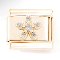 Detail eines goldenen Modul-Charm-Glieds mit funkelndem Zirkonia-Blumenmuster - Goldene Fünfblättrige Blume mit Zirkonia