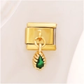 Macro view of a gold Italian charm with a green teardrop-shaped gemstone pendant - Turquoise Navette Style / Turquoise Navette Gold Charm