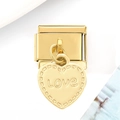 Macro shot of gold stainless steel heart charm link with LOVE engraving for DIY bracelets - Love Heart Style / Gold Love Heart Charm