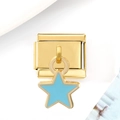 Detail of Italian charm link in gold with a light blue enamel star pendant for DIY jewelry - Light Blue Star Style / Light Blue Star Gold Charm