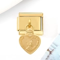 Gold Italian charm link with heart pendant featuring Elizabeth II portrait engraving - Heart Portrait Style / Heart Portrait Gold Charm
