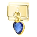 9mm goldfarbenes modulares Charm-Glied mit einem facettierten blauen Herzanhänger - Königsblaues Herz