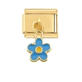 Italian charm link with gold rectangle finish and blue enamel flower pendant for bracelets - Gold Blue Flower