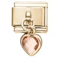 Détail d'un charme en acier doré 9mm avec pendentif coeur et pierre rose sertie - Coeur Champagne