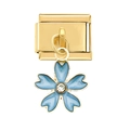Link per charm italiano in oro con ciondolo a fiore in smalto azzurro e pietra di cristallo - Fiore Appuntito Seghettato Blu Oro