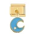 Gold stainless steel Italian charm bracelet link with blue enamel moon and star pendant - Blue Moon Pendant / Gold