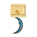 Italian charm bracelet link with gold metal and a blue enamel moon pendant and stars - Anthropomorphic Crescent Moon Pendant