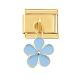Gold Italian charm bracelet modular link with a light blue enamel flower pendant detail - Gold Blue Five-leaf Clover