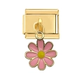 Detail of pink daisy flower charm pendant on golden stainless steel modular bracelet - Gold Pink 8-petal Flower