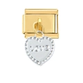 Detail view of a modular link with a gold base and silver heart charm engraved with LOVE - Silver Love Heart Pendant