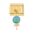 Close-up of golden Italian charm link with a blue enamel lollipop pendant on white background - Sky Blue Lollipop Pendant