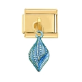 Detailed close-up of a golden Italian link charm with a light blue water-drop pendant - Gold Blue Conch Link (3708)