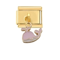 Détail du maillon modulaire en acier doré avec un pendentif baleine en émail rose et blanc - Maillon Baleine Rose Doree (3714)