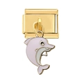 Detail view of gold Italian charm link with a purple enamel dolphin pendant for DIY bracelet - Gold Pink Dolphin Link (3716)