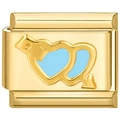 Golden stainless steel modular link charm with blue enamel double heart design - Arrow Through Double Hearts Pattern (3795)