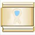 Macro detail of gold-plated modular charm with light blue ribbon for DIY bracelets - Awareness Ribbon Pattern (3796)