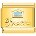 Detailed macro of a gold-plated modular charm link with a blue crown and Princess text - Crown with Princess Text (3797)