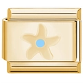 Macro detail of gold stainless steel charm link with blue floral enamel inlay - Starfish Five-Petal Flower (3799)