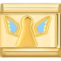 Macro shot of Italian charm link featuring a golden angel silhouette with blue enamel inlay - Angel Silhouette Pattern (3800)