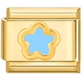 Macro shot of gold stainless steel modular link with blue flower enamel charm - Five-Petal Flower Pattern (3801)