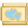 Macro detail of a golden modular link charm with light blue double heart enamel pattern - Overlapping Double Hearts (3803)