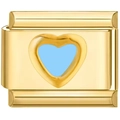 Macro detail of a modular gold charm link featuring a light blue enamel heart design - Heart Pattern (3805)