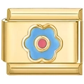 Detail of golden stainless steel modular link with blue and pink enamel flower charm - Red Heart and Blue Flower Pattern (3810)